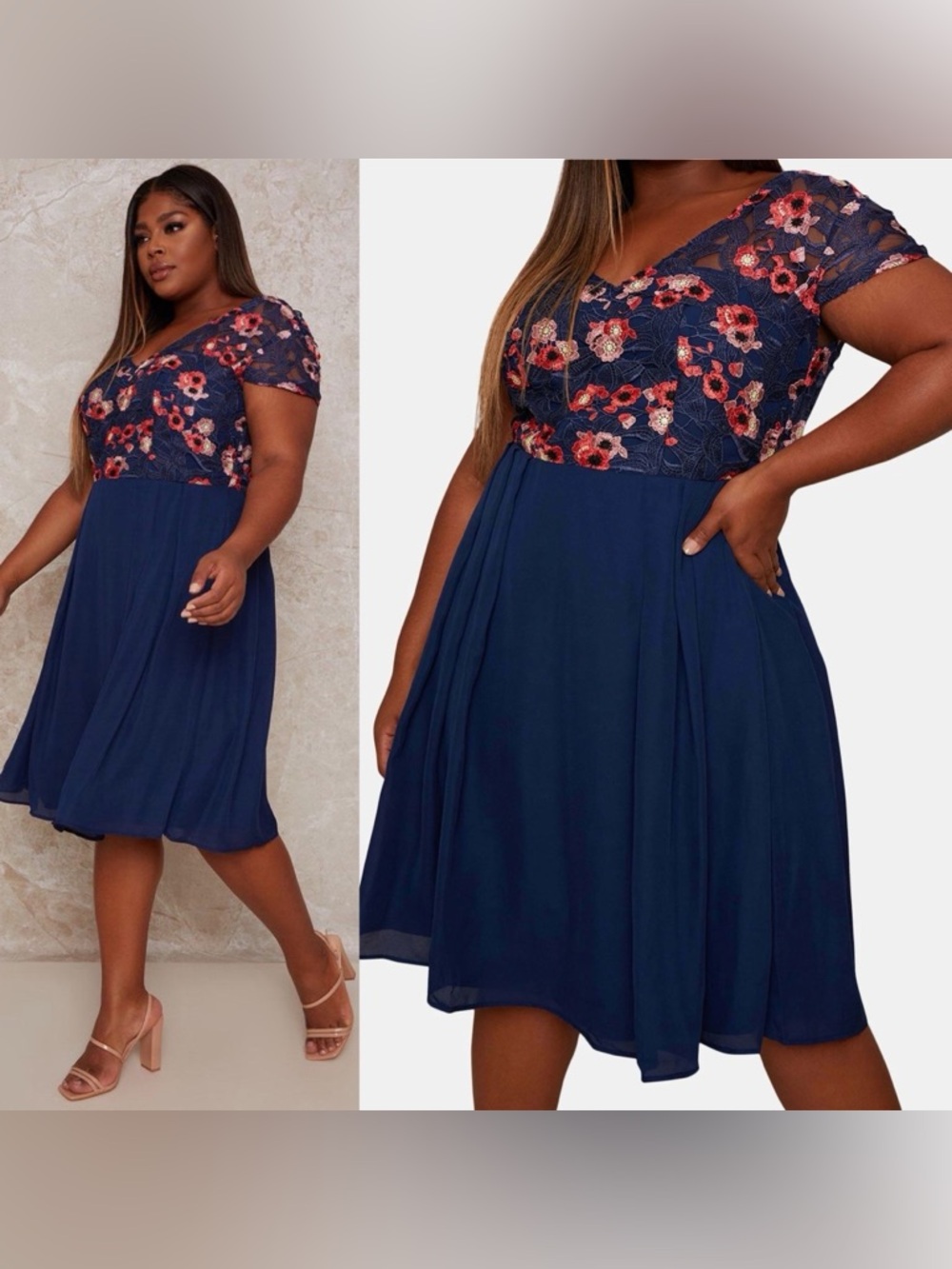 Chi Chi London navy blue embroidered floral party occasion dress size 16